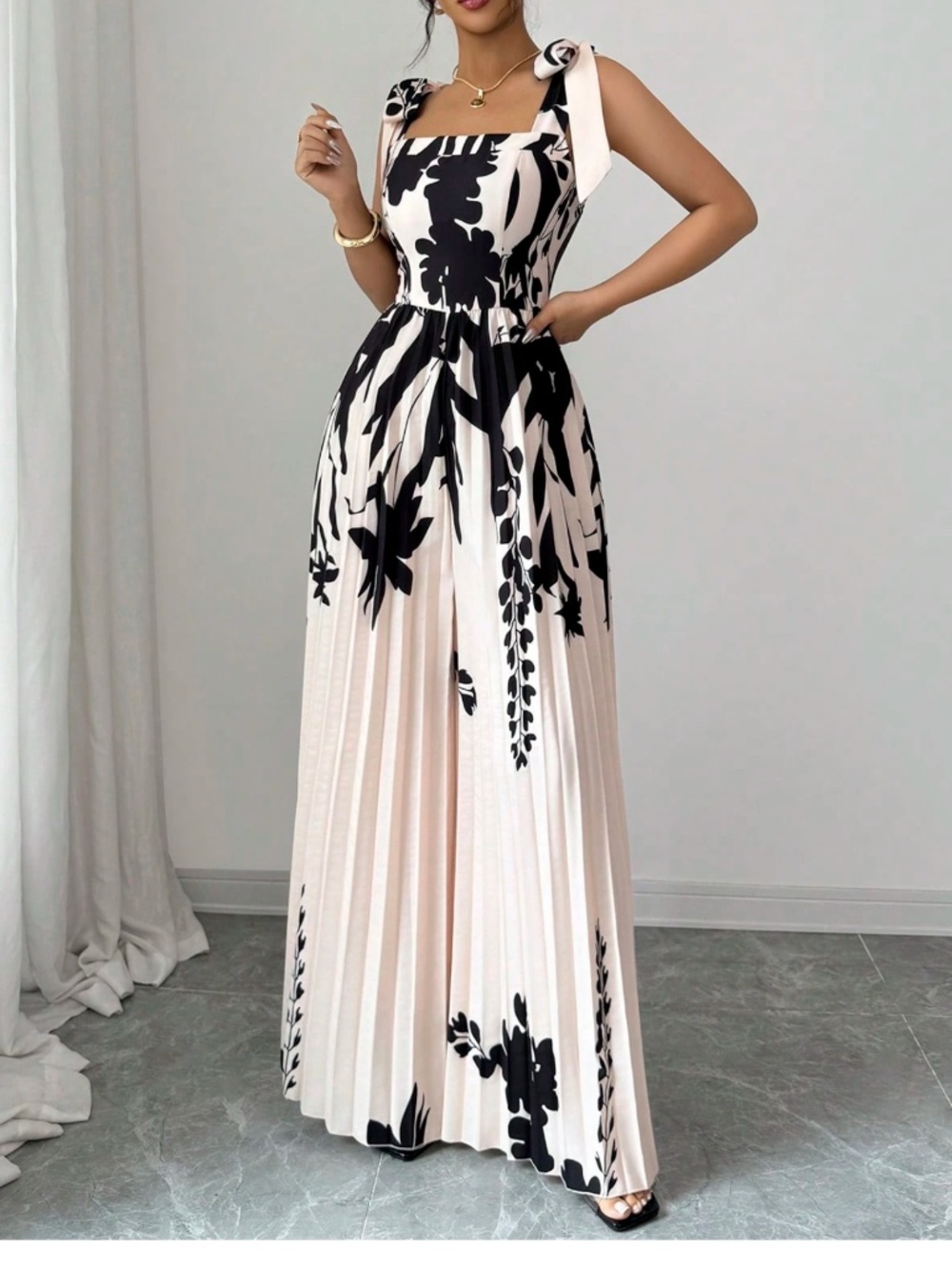 Boho Floral Print Shoulder Tie Pleated Wide Leg Jumpsuit - Picture 2 of 5